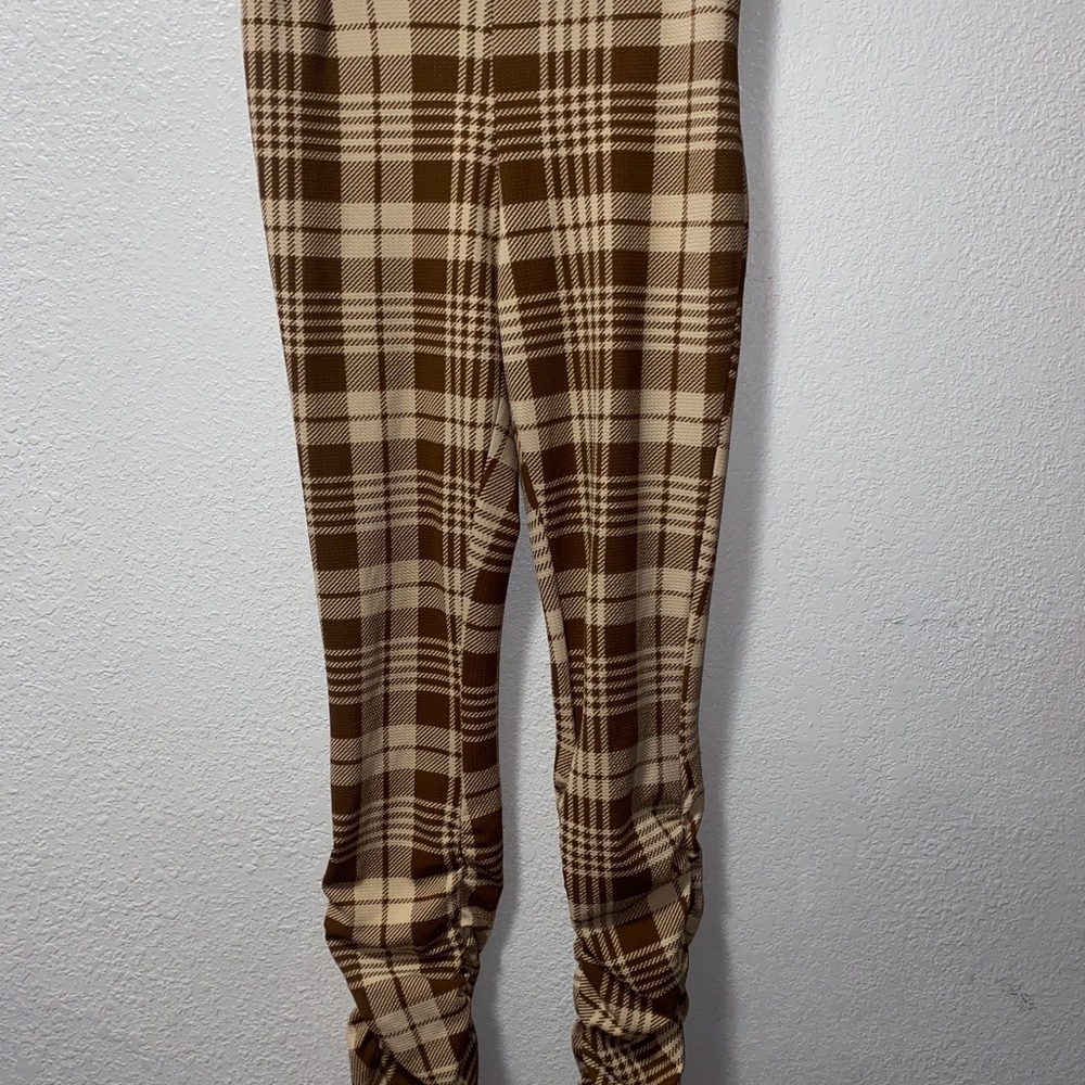 SHEIN Plaid Women's Flare Pants in Brown and Cream